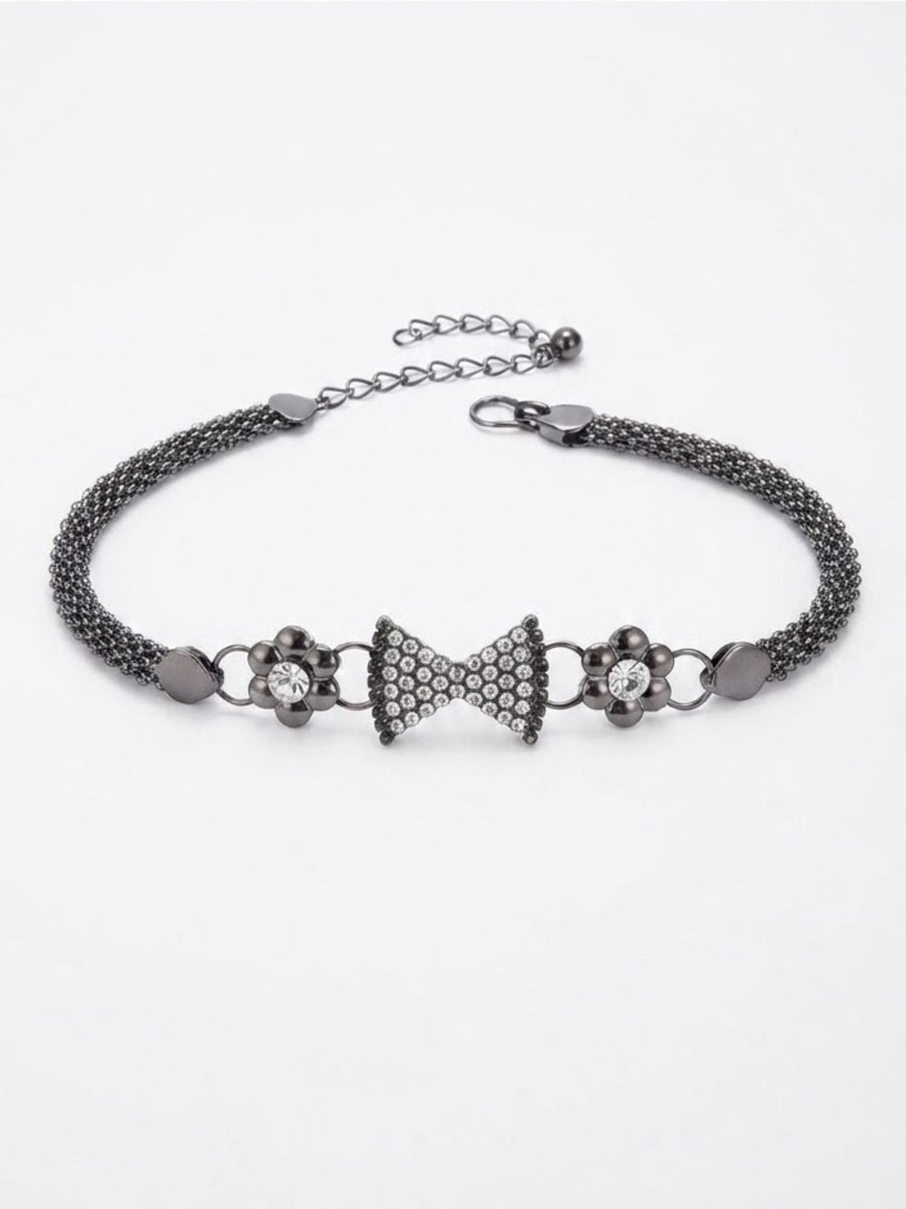 Y2K Gunmetal Chain Belt Bow Rhinestone Flower Coquette Grunge Whimsygoth